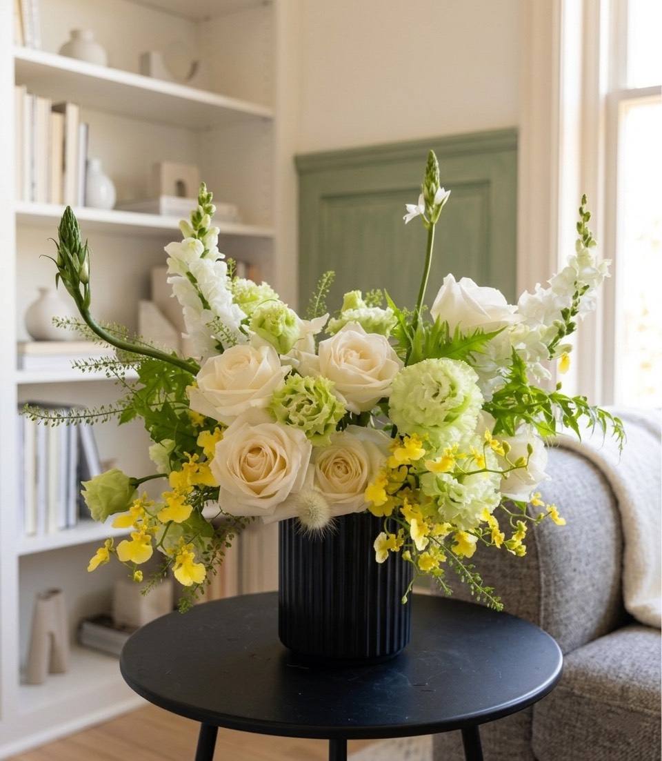 優雅晨光白玫瑰綠意盆花-實拍圖片