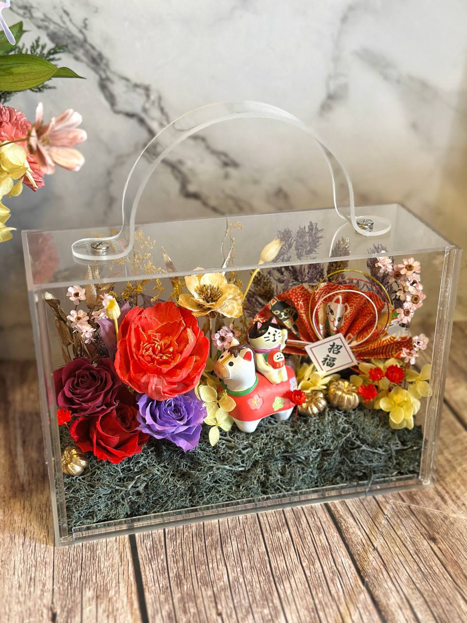 馬年招財貓福氣滿滿迎新年透明手提花盒-實拍圖片
