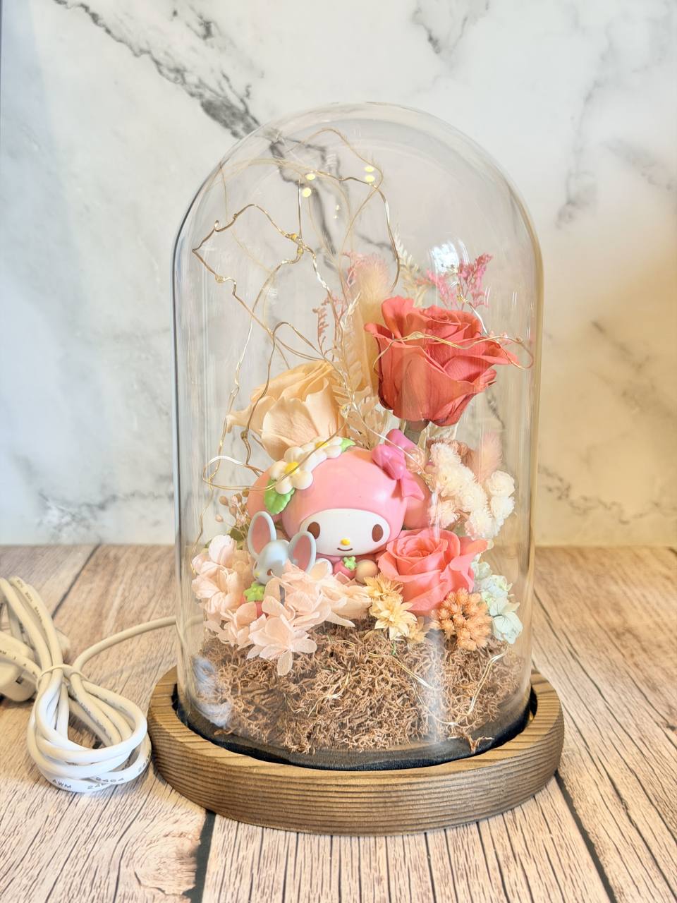 My Melody  美樂蒂夢幻玫瑰永生玻璃盅usb小夜燈-實拍圖片