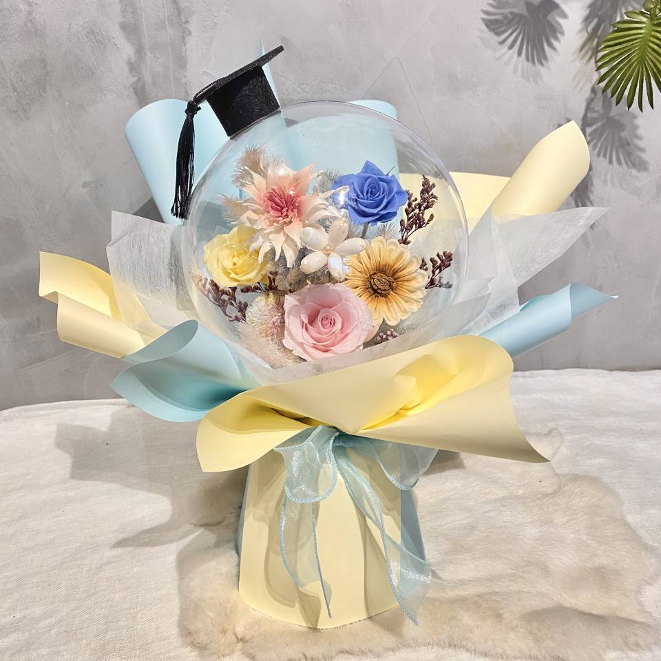 波波球永生花束-繽粉色系(可立於桌上)(畢業帽可換蝴蝶結)-實拍圖片