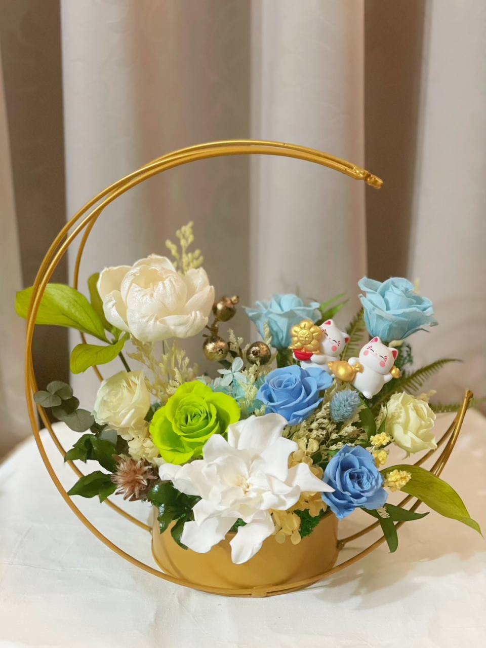 【永生花禮】藍綠色系列永生桌花/開幕花禮/升遷花禮/祝賀花禮-實拍圖片