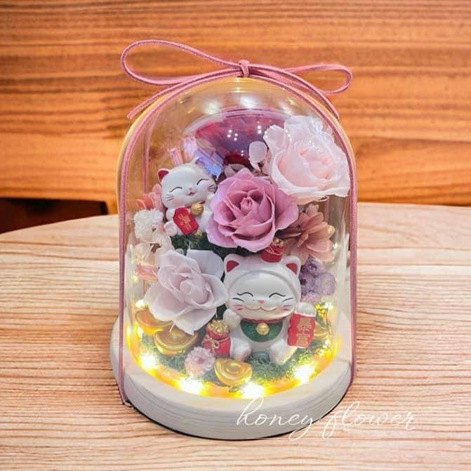 招財貓永生花玻璃罩-實拍圖片