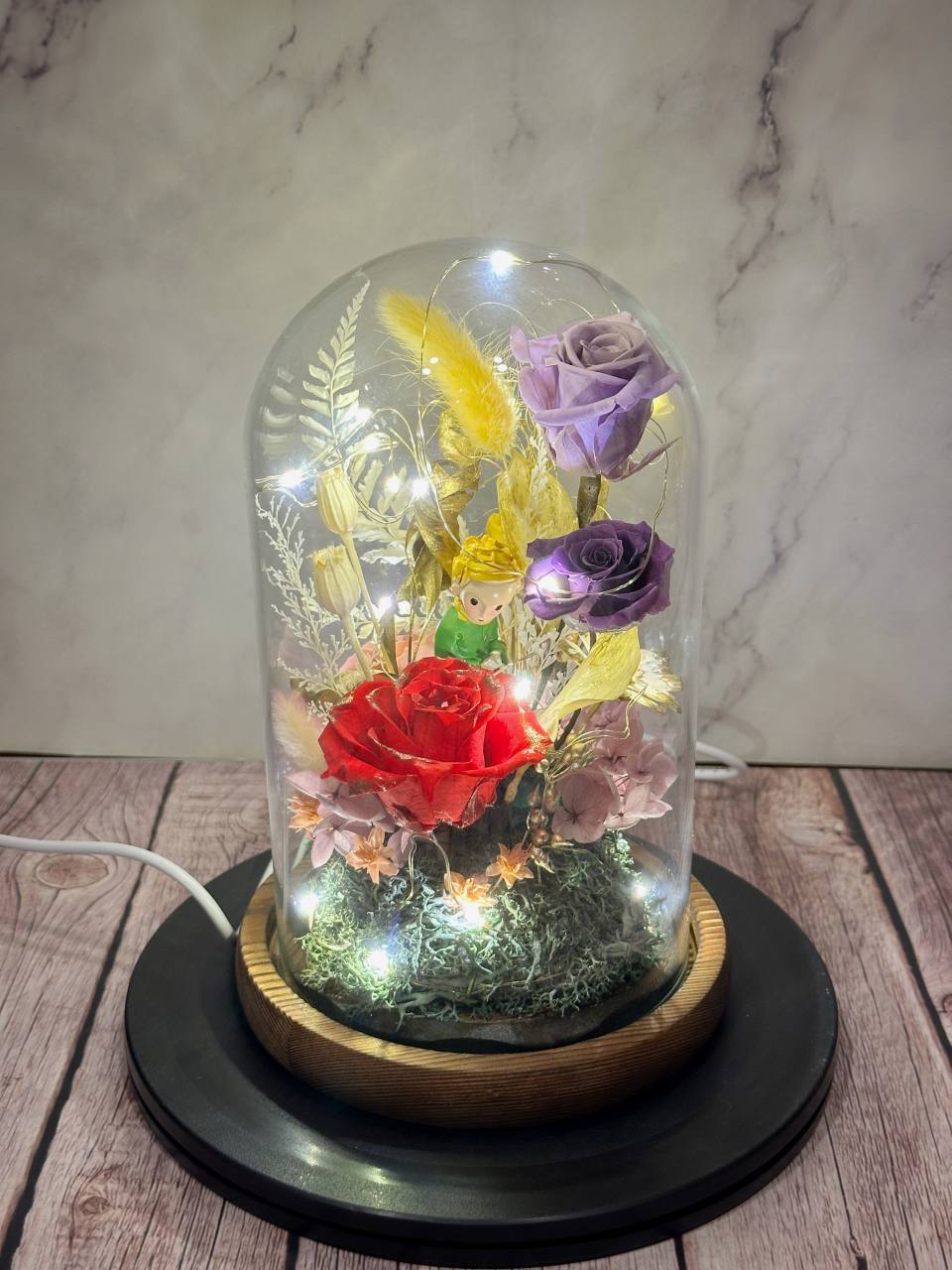 小王子與紅玫瑰永生玫瑰玻璃罩小夜燈-實拍圖片
