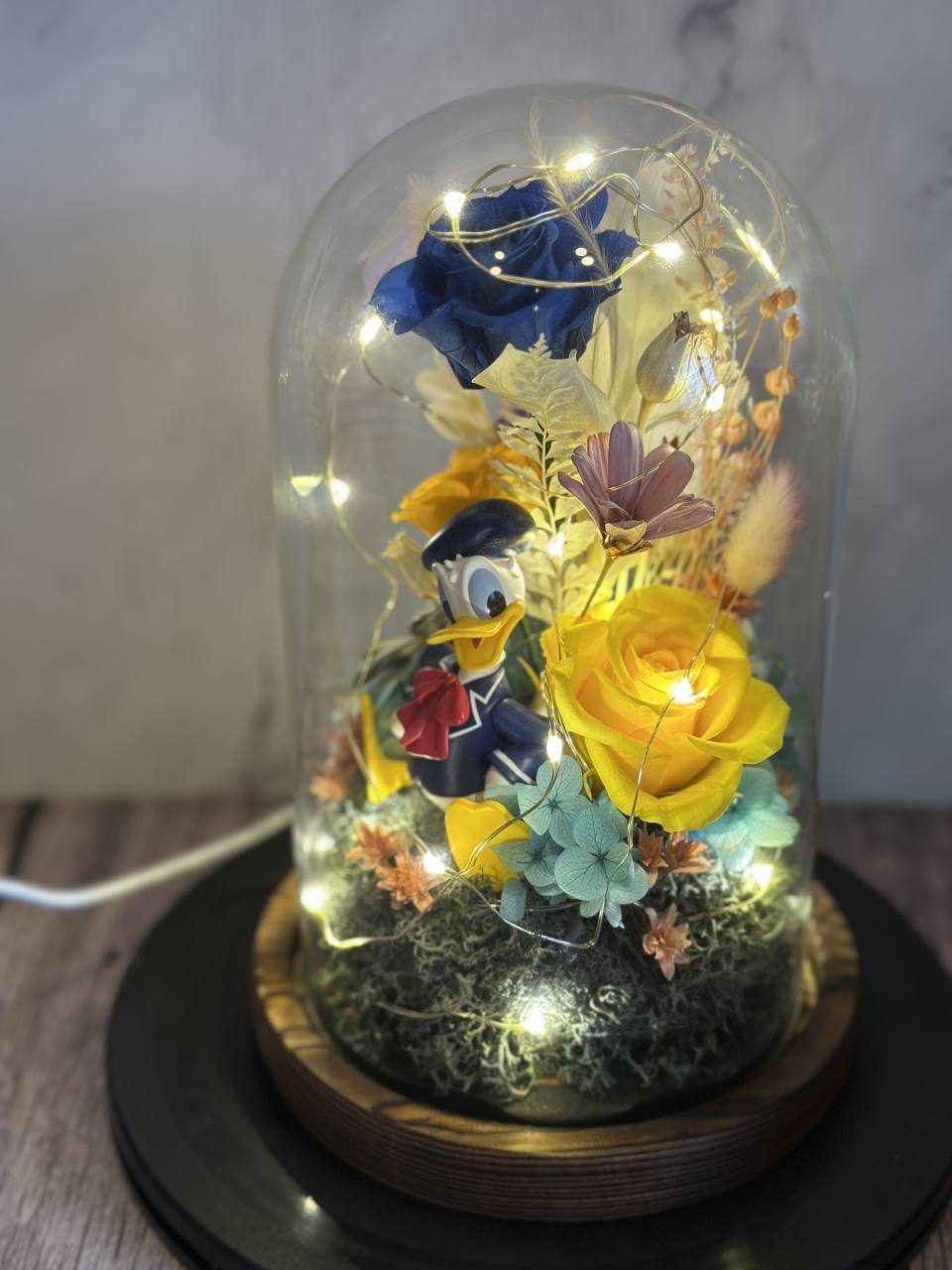 客製化 公仔花卉玻璃鐘罩 USB 小夜燈-實拍圖片