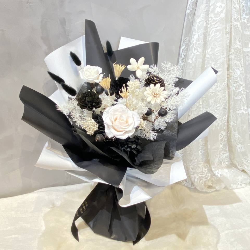 黑白靜語 永生花 不凋花束 七夕 情人節-實拍圖片