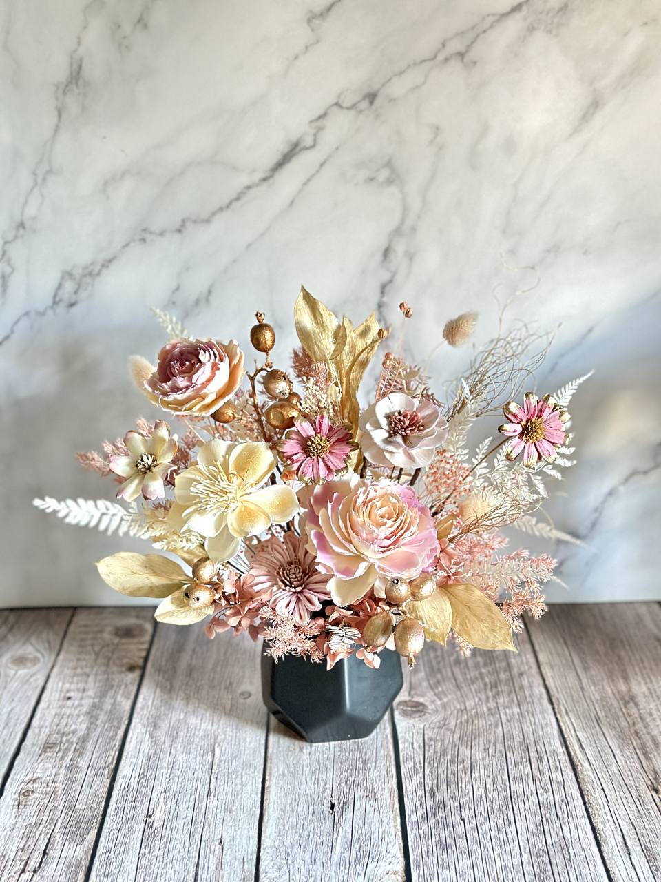 年節送禮 迎春新年粉金色永生索拉花花禮 擴香花/開幕花/迎春花禮-實拍圖片