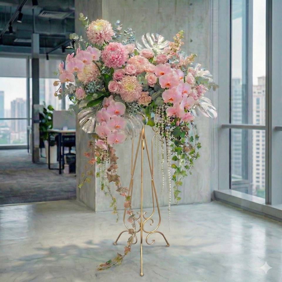 典雅粉色蘭花盛開高架花籃-實拍圖片