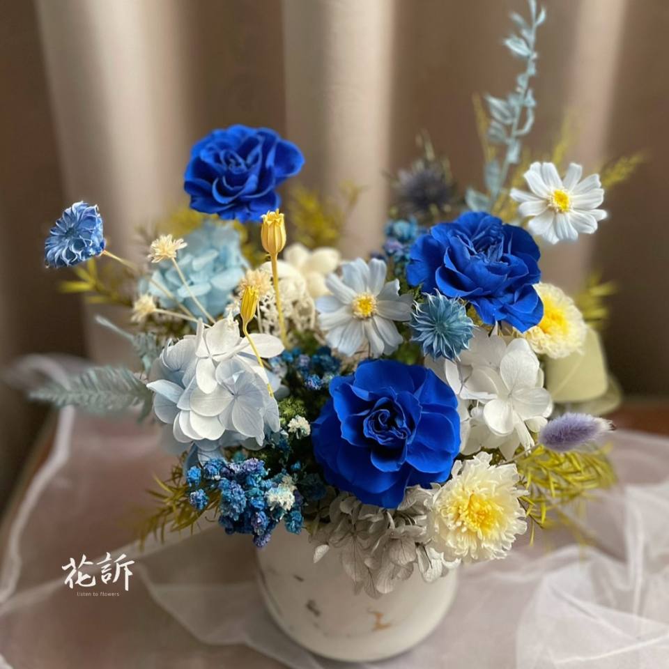 【永生花禮】湛藍玫瑰永生花禮/開幕花禮/桌花/盆花-實拍圖片