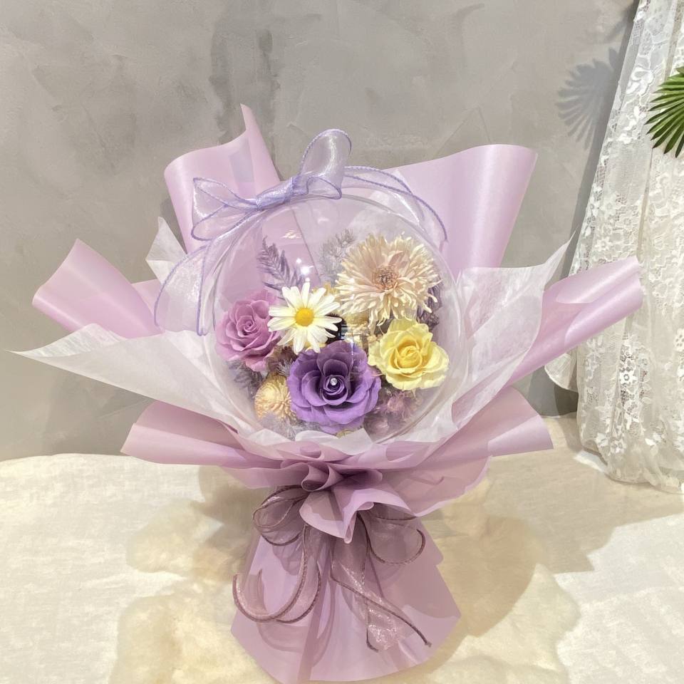 波波球永生花-紫黃(可立於桌上)(可換畢業帽)-實拍圖片