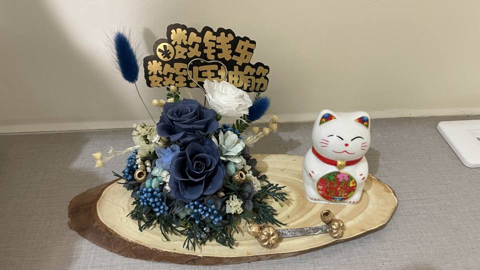 永生花招財貓名片座-實拍圖片