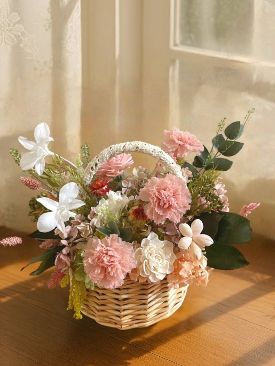 【永生花禮】杏桃康乃馨永生花籃/母親節花禮/開幕花禮/升遷花禮-實拍圖片