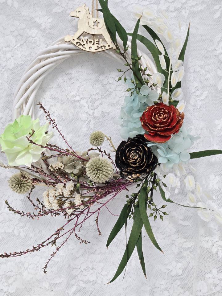 法式永生草花白柳藤圈聖誕掛飾-實拍圖片