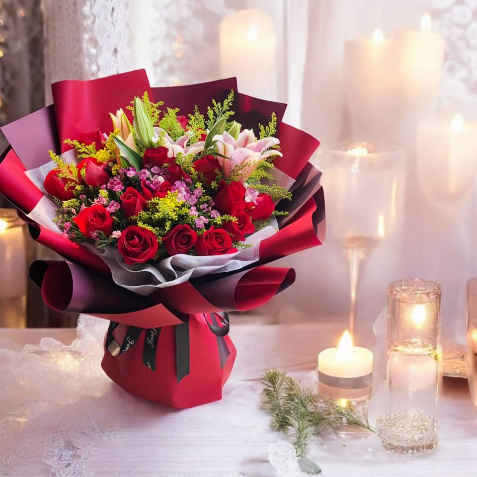 紅玫瑰百合花束客製-實拍圖片