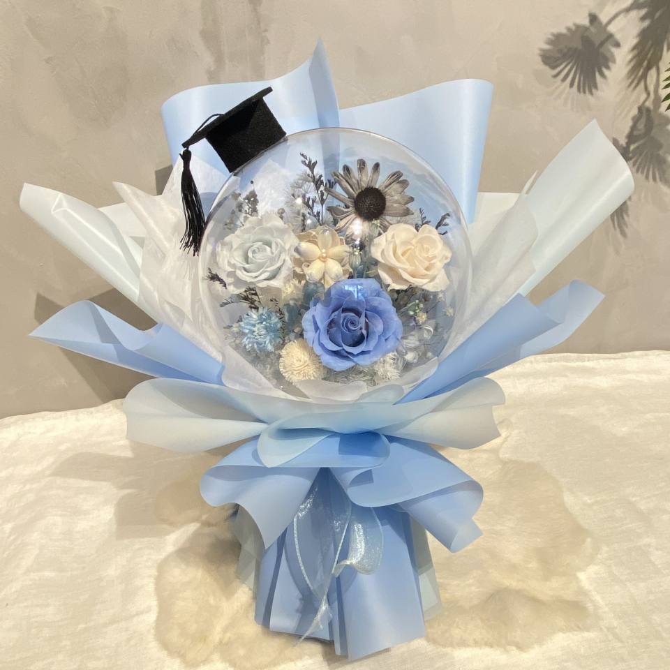 波波球永生花-藍(可立於桌上) (畢業帽可換緞帶)-實拍圖片