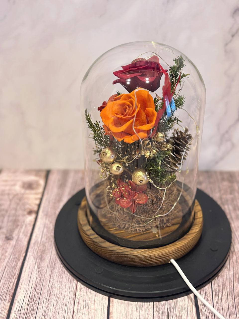 秋意楓葉配色永生花USB小夜燈-實拍圖片